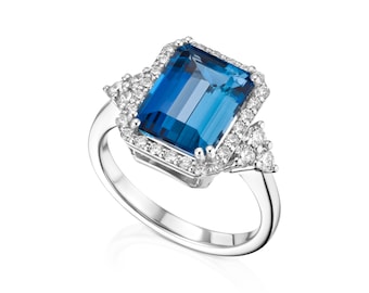 London Blue Topaz Engagement Diamond Ring, Blue Topaz Ring, 2.80 Ct Natural Blue Topaz London Gemstone Ring, With a Diamond Halo and Sides.