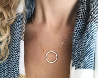 Circle Diamond Eternity Pendant, Solid Gold Pave Infinity Necklace, Circle of Life Mothers Day Gift, Diamond Karma Necklace