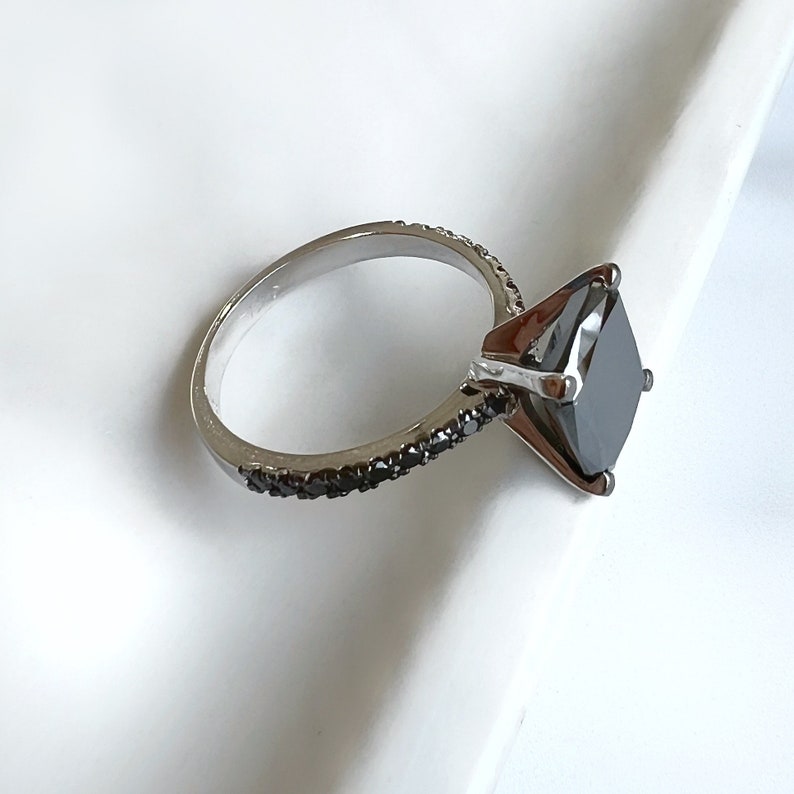 Big 3 Carat Cushion Cut Black Diamond Engagement Ring, Black Diamonds Band In 14k White Gold and Black Rhodium, Black Diamond Promise Ring image 8