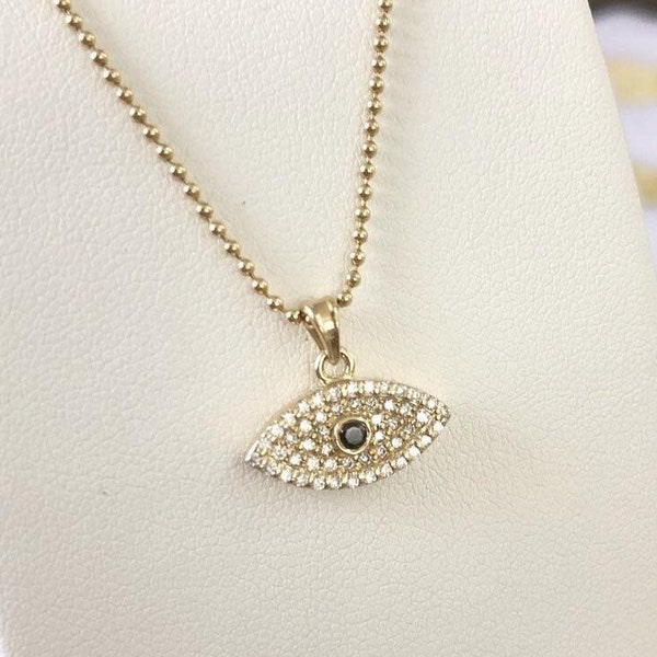 Evil Eye Diamond Pendant, Evil Eye Diamond Nazar Pendant For Women, 14k Solid Yellow Gold with Center Black Diamond and White Diamond Around