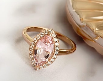 1.29 Ct Morganite Gemstone Ring, Marquise Morganite Gemstone Engagement Ring, Beautiful Pink Morganite With Diamond Halo in 14k Rose Gold