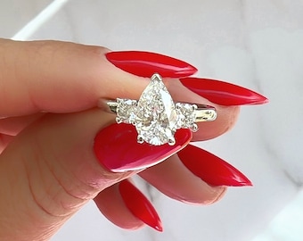 1.47 Carat Pear Lab Diamond Engagement Ring, Three Stone 14k Gold