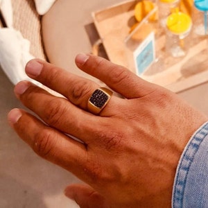14k Gold Square Signet Ring, Black Diamonds Signet Ring, Men's Black Cushion Shape Ring, Statement Gold Signet Diamond Ring, Man Signet Ring image 3