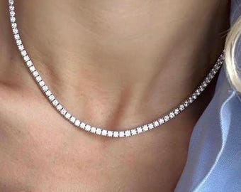 11 Carat Lab Diamond Tennis Necklace, Lab Diamonds Collier, Top Quality D-E VVS Lab Diamond Tennis Necklace for Women In 14k Yellow Gold