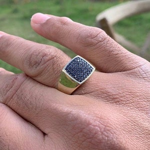 14k Gold Square Signet Ring, Black Diamonds Signet Ring, Men's Black Cushion Shape Ring, Statement Gold Signet Diamond Ring, Man Signet Ring image 7