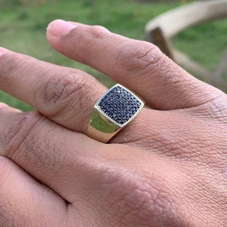 14k Gold Square Signet Ring, Black Diamonds Signet Ring, Men's Black Cushion Shape Ring, Statement Gold Signet Diamond Ring, Man Signet Ring image 7