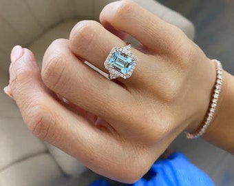 Aquamarine Ring, Big Ct Emerald Cut Fancy AquaMarine Ring, 14k Rose  Gold Aquamarine Engagement Ring, Set with White Diamond Halo