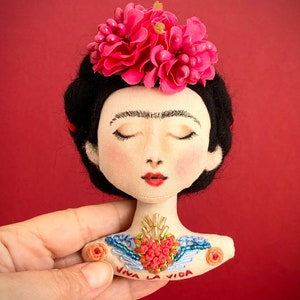 Folk art doll button, Frida inspired fabric pin, textile doll brooch embroidered, oversized textile brooch handmade for feminine women