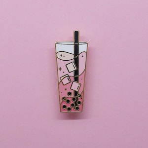 Strawberry Milk Tea Boba Hard Enamel Pin | Bubble Tea Enamel Pin