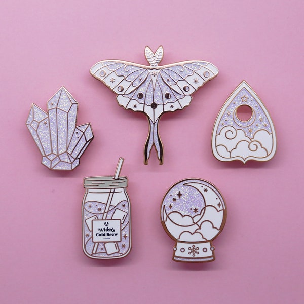 White Witch Rose Gold Hard Enamel Pin Collection | Winter Moth, Crystal Cluster, Planchette, Witch's Cold Brew, Crystal Ball