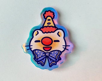 Silly Clown Cat Yellow – Acrylic Pin – Pin Badge – Rainbow – Holographic – aoyuna