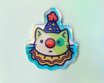 Silly Clown Cat Green – Acrylic Pin – Pin Badge – Rainbow – Holographic – aoyuna