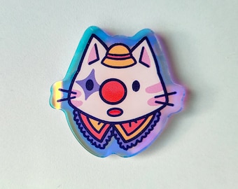 Silly Clown Cat Purple – Acrylic Pin – Pin Badge – Rainbow – Holographic – aoyuna