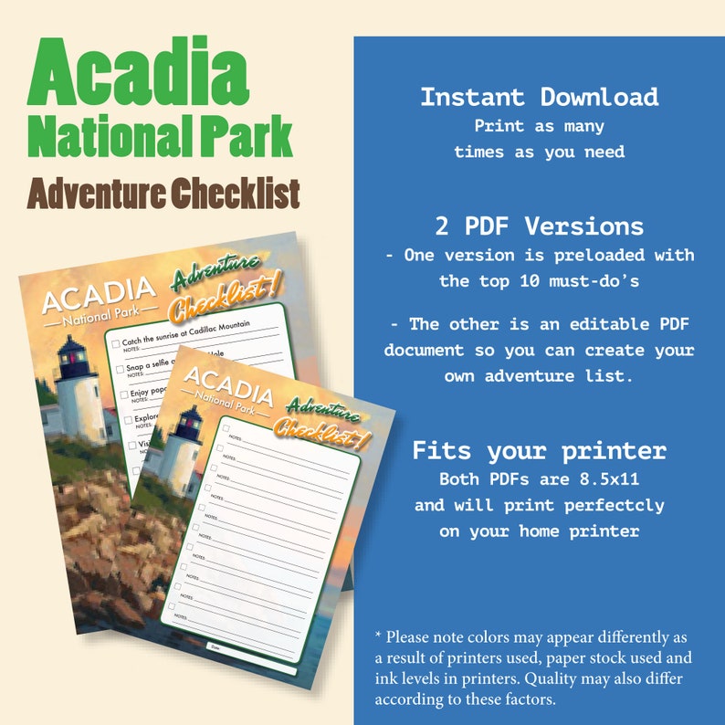 Acadia National Park Printable Adventure Checklist Pdf | Letter Size ...