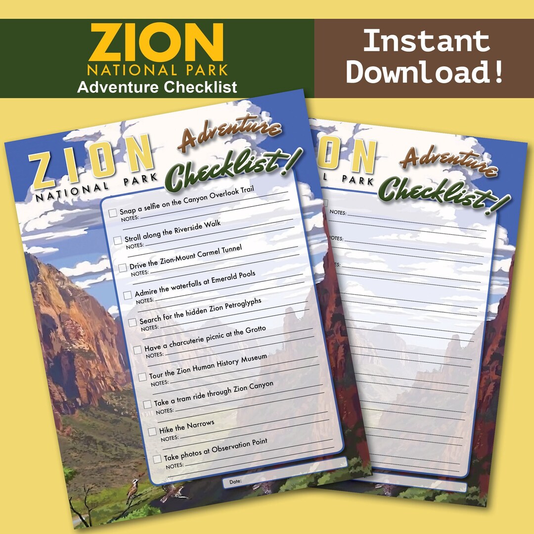 Zion National Park Printable Adventure Checklist Pdf Letter Size Print