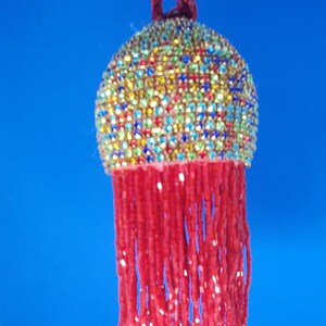 Multi-colored rhinestone chain spiral with 2&quot; red beaded fringe OOAK handmade Christmas ornament (2.5&quot; ball)