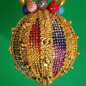 Simple, yet elegant multi-colored rhinestone OOAK handmade Christmas ornament with gold trim (3&quot; ball)