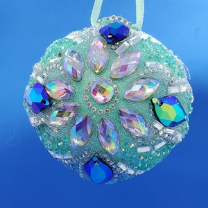 Seafoam green and rhinestone OOAK handmade Christmas ornament with iridescent blue-green stones (3&quot; ball)