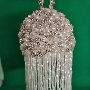 Gorgeous pearl and rhinestone Christmas or wedding ornament with 3&quot; AB white beaded fringe (3&quot; ball)