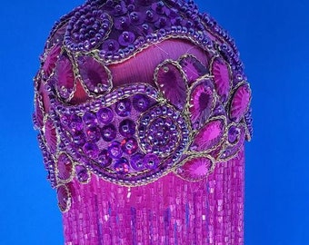 Pink and purple beaded trim with 6&quot; pink beaded fringe OOAK handmade Christmas ornament (3&quot; ball)