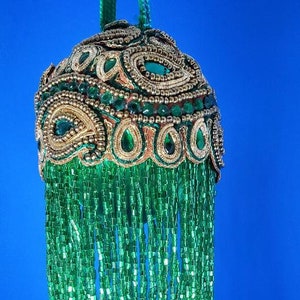 Green and gold paisley beaded OOAK handmade Christmas or St Patrick&#39;s Day ornament with 6&quot; green beaded fringe (3&quot; ball)