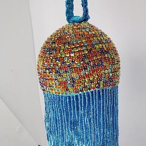 Multi-colored rhinestone chain with turquoise blue beaded chevron fringe OOAK handmade Christmas ornament (3&quot; ball)