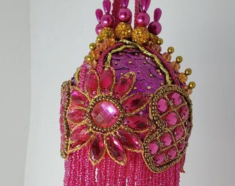Pink and gold handmade OOAK Christmas ornament with 6&quot; pink beaded fringe (3&quot; ball)