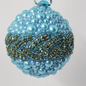 Turquoise blue pearl bubbles with turquoise blue braided rhinestone trim (3&quot; ball)
