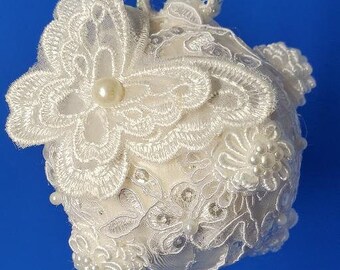 White lace and pearl OOAK handmade Christmas or wedding ornament with lace and pearl butterfly (3" ball)