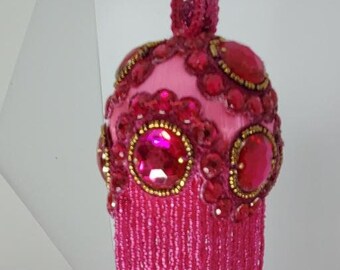 Pink gem trim with pink beaded fringe OOAK handmade Christmas ornament (3&quot; ball)