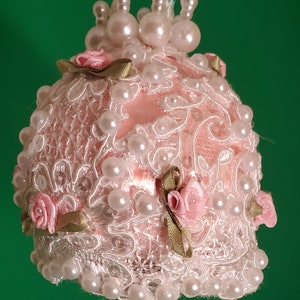 Cute Victorian inspired pink ornament with delicate white lace, sequins, rose buds and pearls (3&quot; ball)