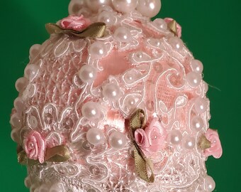 Cute Victorian inspired pink ornament with delicate white lace, sequins, rose buds and pearls (3&quot; ball)