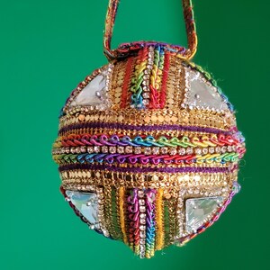 Multicolored trim with rhinestones crisscross this OOAK handmade Christmas ornament accented with AB triangular jewels (3&quot; ball)