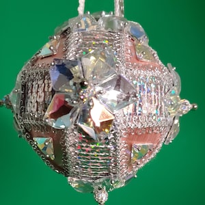 Silver sequins and AB jewel flowers decorate this pale pink OOAK handmade Christmas ornament (3&quot; ball)