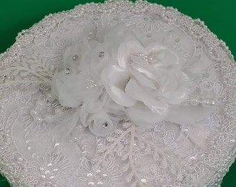 White lace with beads, sequins, and pearls OOAK handmade wedding or treasure box embellished with roses and pearls on the top.