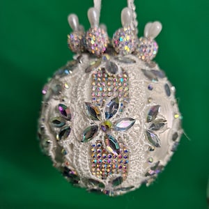 White lace and AB rhinestones decorate this OOAK handmade Christmas or wedding ornament (3&quot; ball)