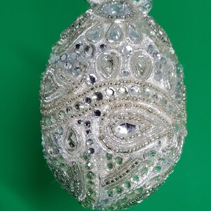 Silver brocade OOAK handmade Easter or Christmas or wedding egg ornament with rhinestone jewels (4&quot; egg)