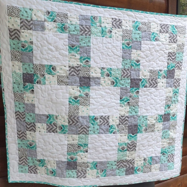 BABY QUILT, Homemade, lap quilt, Mint, Teal and Gray cotton fabrics, Modern patchwork design with a classic vintage touch, unisex baby gift