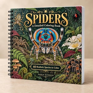 May include: A spiral-bound coloring book titled SPIDERS A Detailed Coloring Book with 40 Realistic Species to Color by Merch Dungeon. The cover features a vibrant peacock spider, a black widow, a tarantula, and other spiders in a forest.