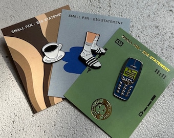 90s' Pin Set - Nostalgia Enamel Pins - Socks and Slippers - Nokia 3310 - Twin Peaks Coffee Pin