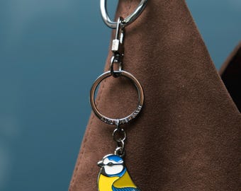 Blue Tit Keychain/Bag Charm -  Small Yellow Blue Bird Enamel Keyring - Birds Lover Gift - Cute Little Bird Bag Charm - Cyanistes Caeruleus