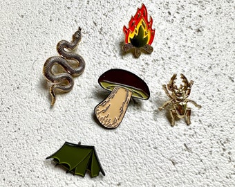 Forest Lover Pin Set - Enamel Pin Set - Camping Pins - Mushroom Pin - Bug Label Pin - Snake Pin