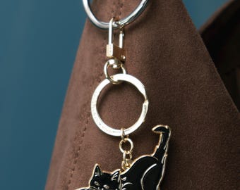 Stretching Cat Keychain/Bag Charm -  Witch Cat Golden Keyring - Black Cat Pendant - Kitty Charm - Black Cat Jewelry - Lazy Cat Accessory