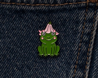 rog With Flower Enamel Pin - Cute Kawaii Frog Pin Badge - Cottagecore Animal Lapel Pin - Whimsical Nature Accessory - Gift for Her