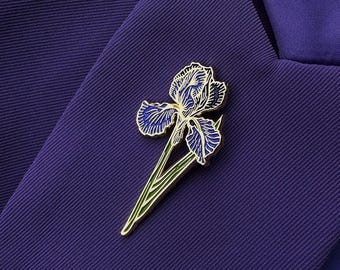 Iris Flower Enamel Pin - Purple Garden Flower Lapel Pin - Golden Iris Brooch - Botanical Violet Flower Gift - Bearded Iris Enamel Badge *