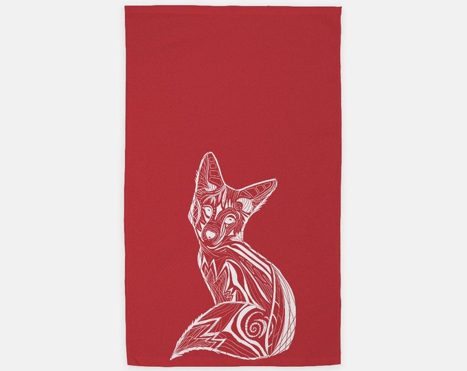Red with White Arctic Fox Soft Holiday Winter Hand Towel (15" x 25")