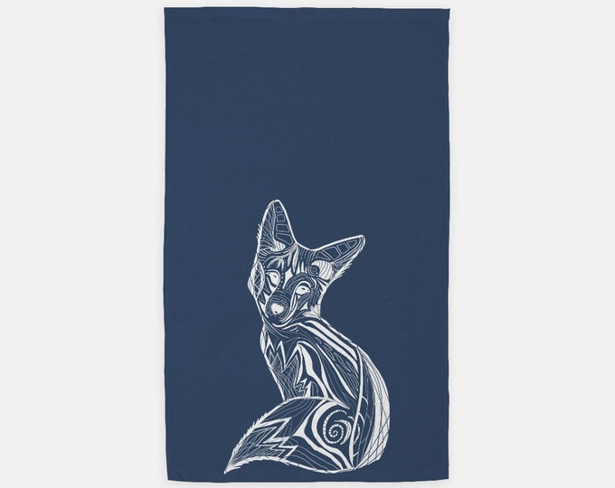 Navy Blue with White Arctic Fox Soft Holiday Winter Hand Towel (15" x 25")