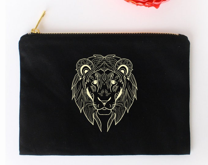 Bright Yellow on Black Leo Lion Cosmetic Bag Pouch