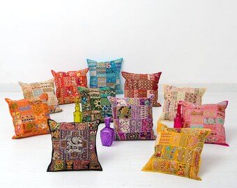 Indian Embroidered Paisley Sari Ethnic Vintage Dupioni Silk Cushion Cover 16x16/"