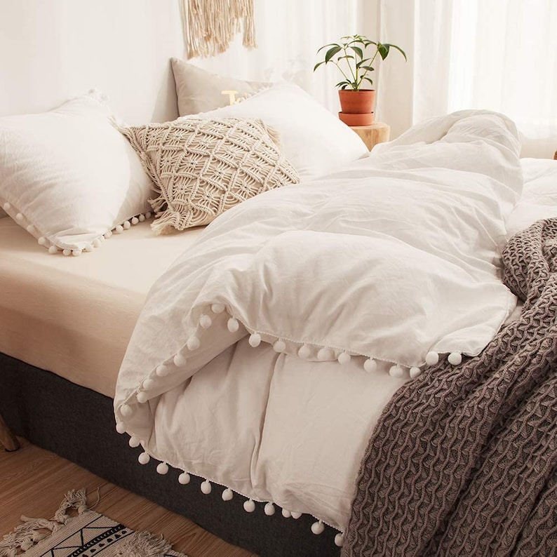White Boho Duvet Cover Full King Size Bedding Set Queen Pom Etsy